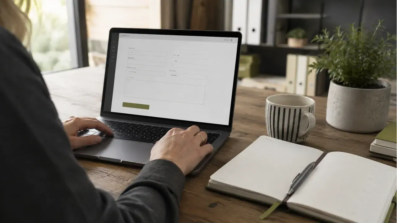 A business owner checking an enquiry form beside an appointment diary