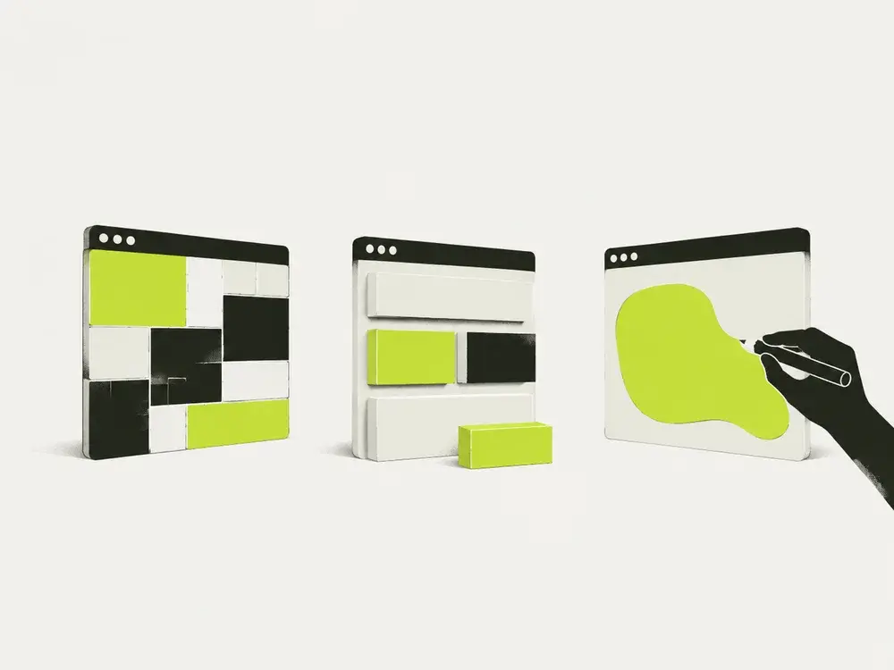 Editorial artwork comparing three approaches to building a website