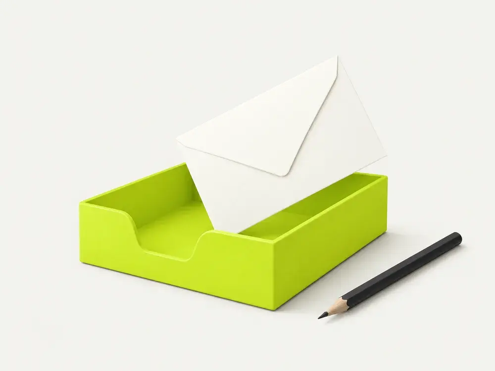 A letter arriving in a lime inbox tray