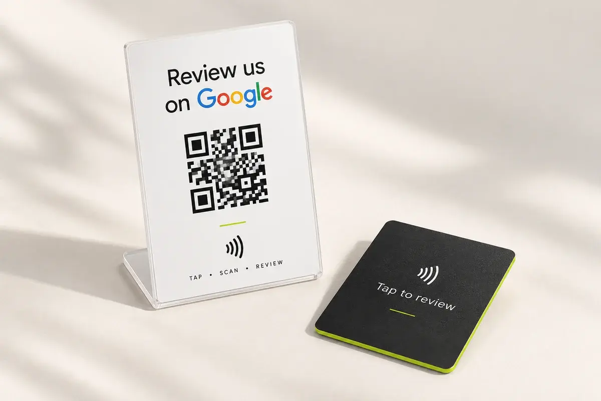Illustrative white Google review stand and charcoal NFC tap card with QR-code designs