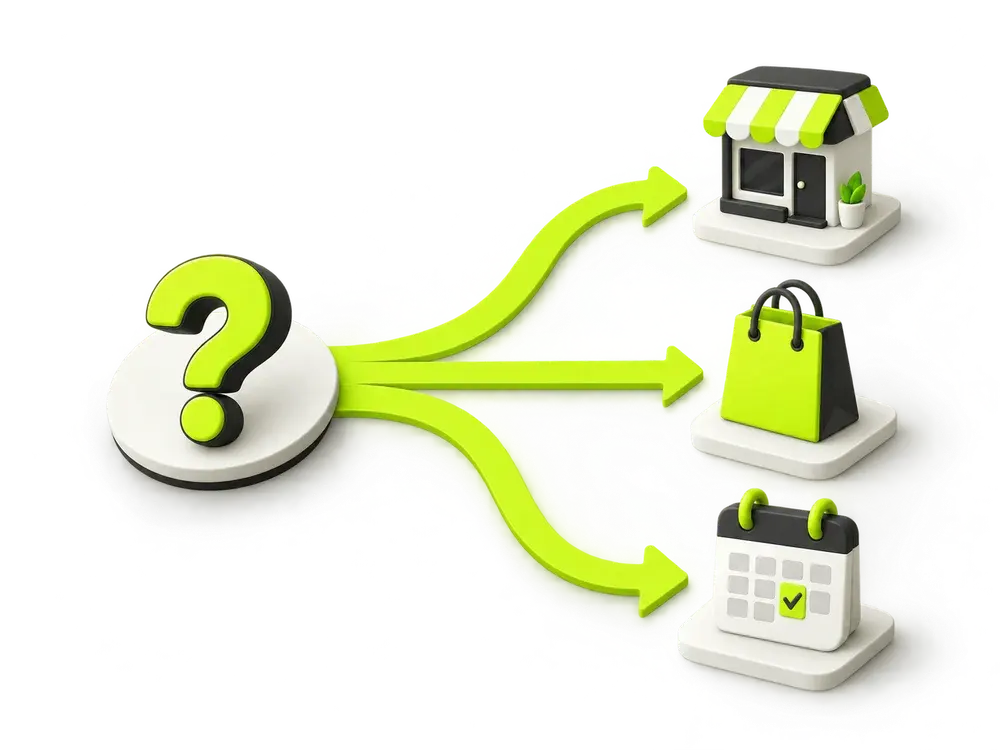 A question leading to website, shop and booking options