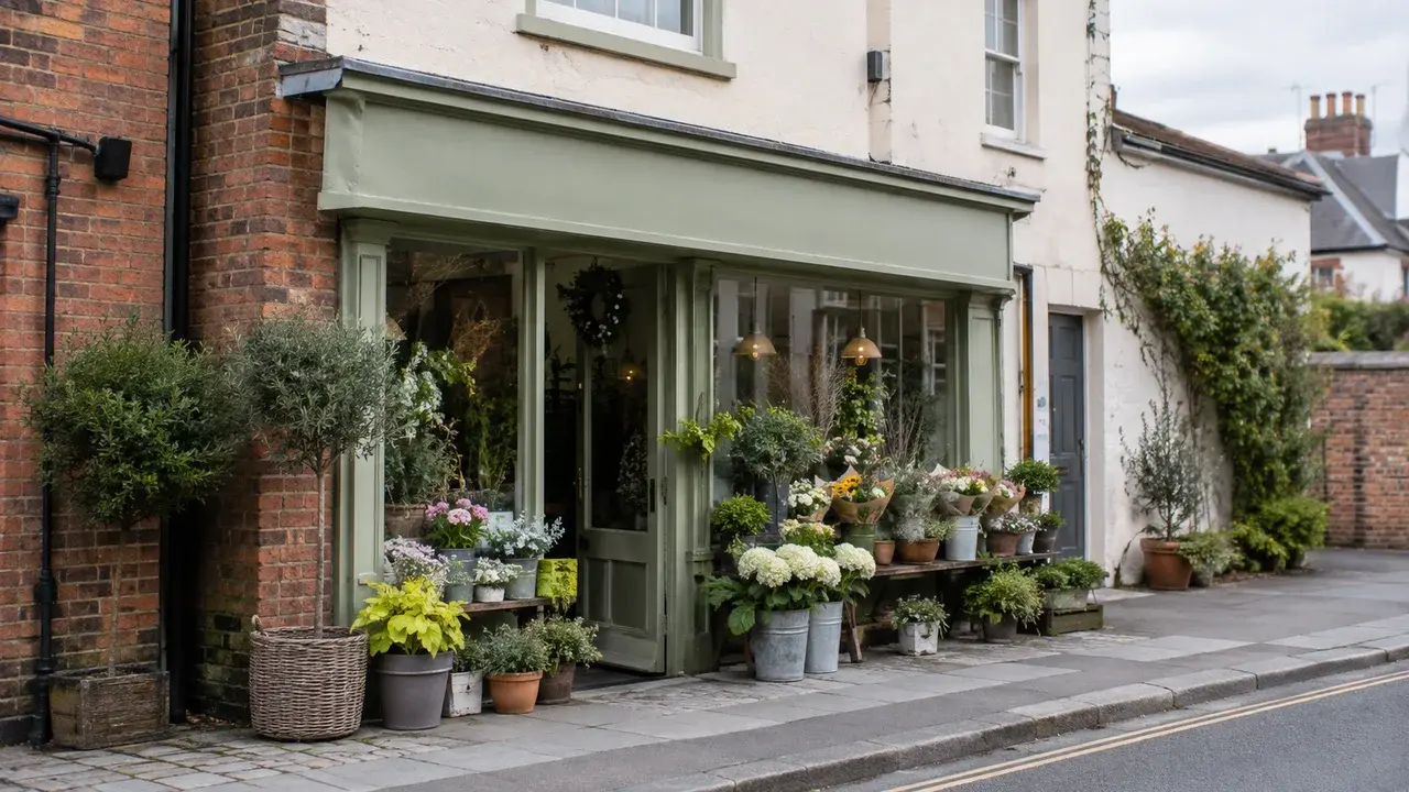 An illustrative neighbourhood florist with plants displayed outside a sage shopfront