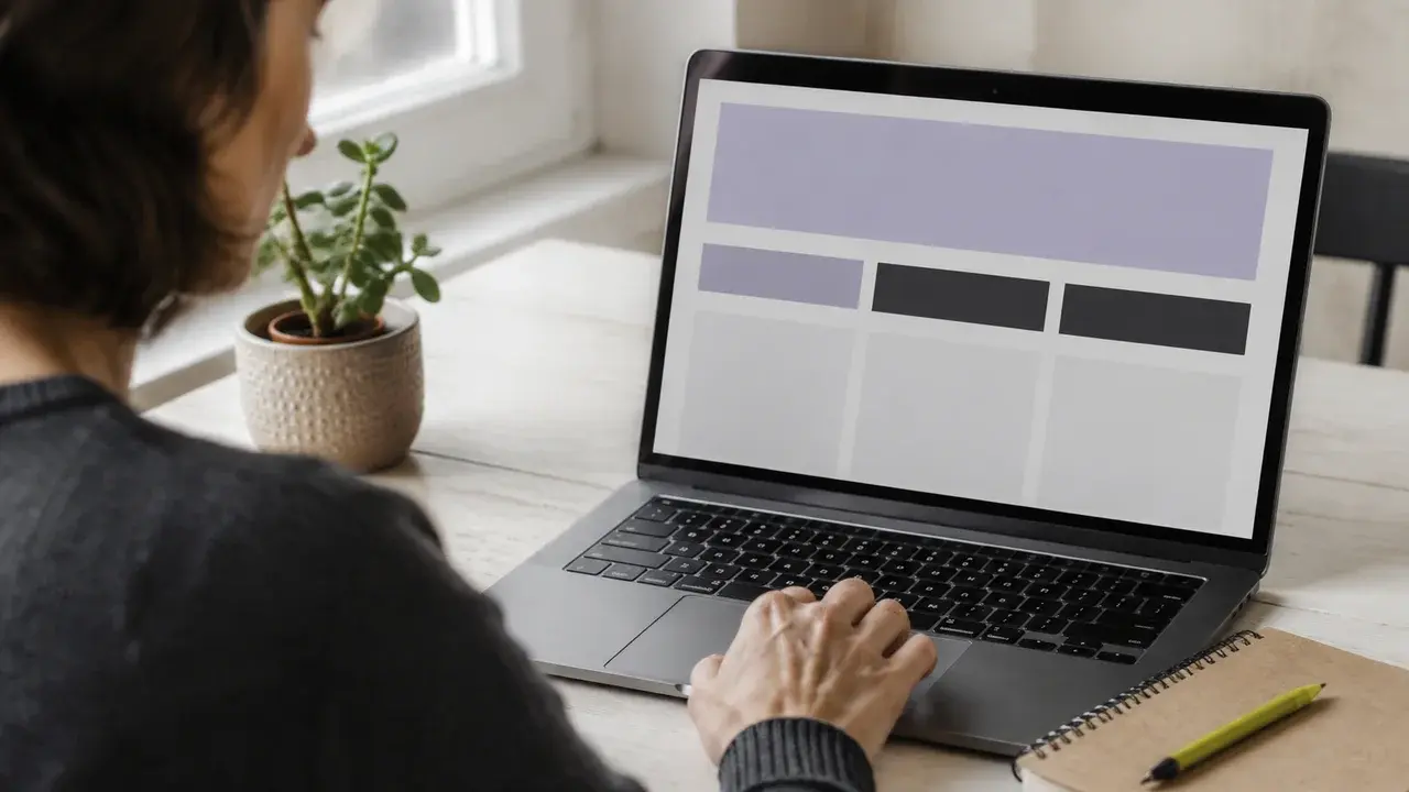 A business owner testing a simple website layout on a laptop