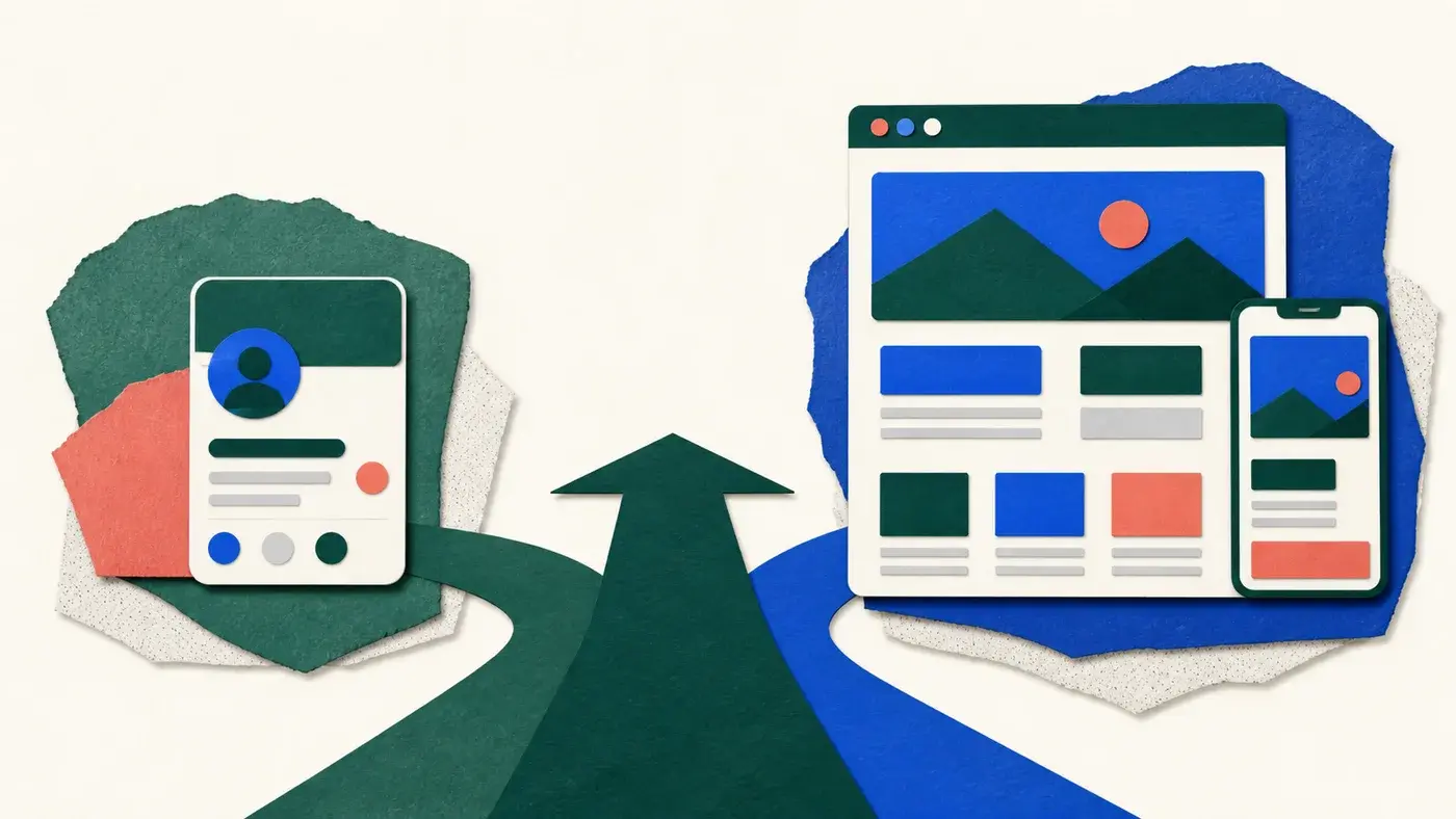Editorial artwork showing two routes for a small business online