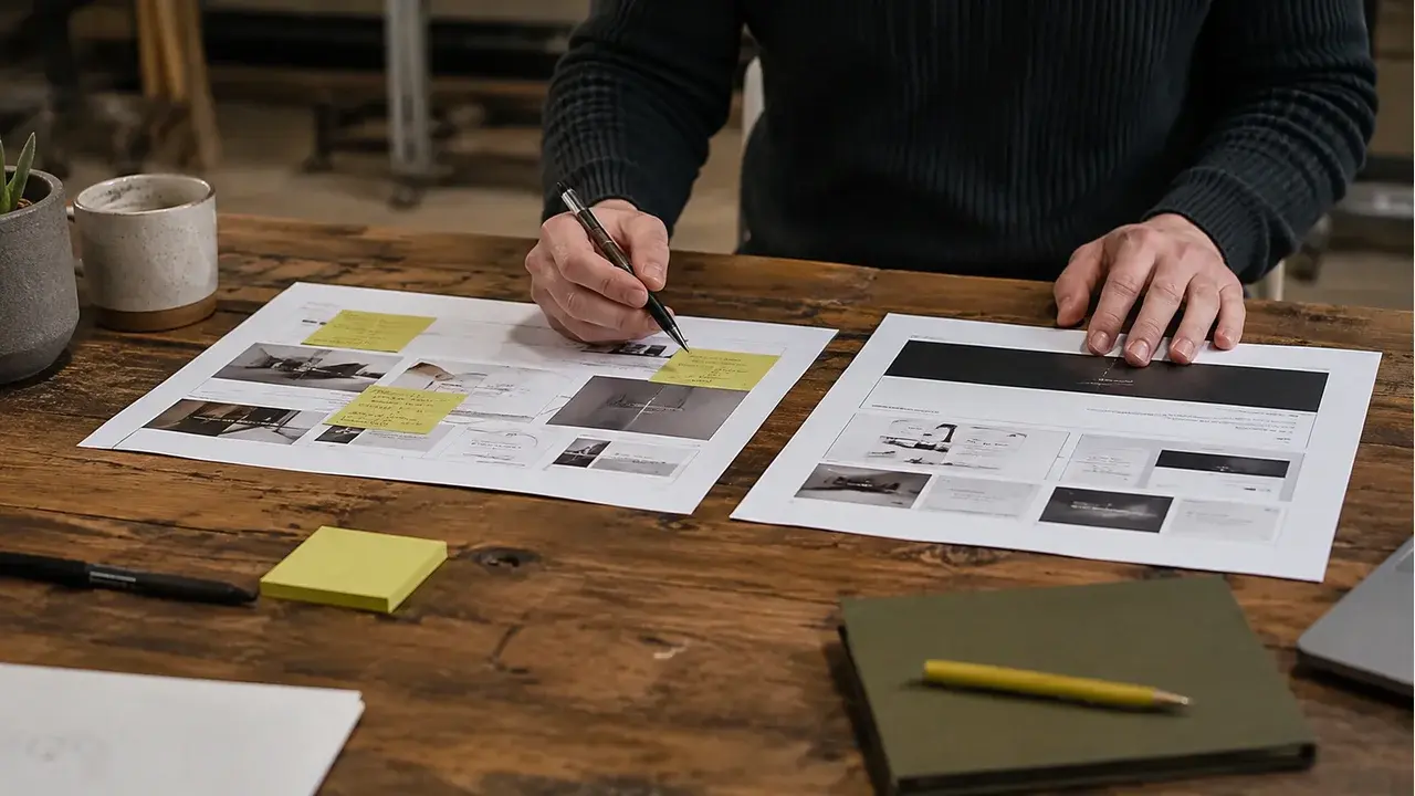 Printed website layouts being reviewed with practical revision notes