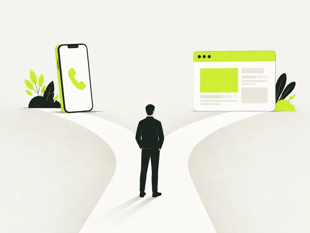 Editorial artwork showing two routes for a small business online