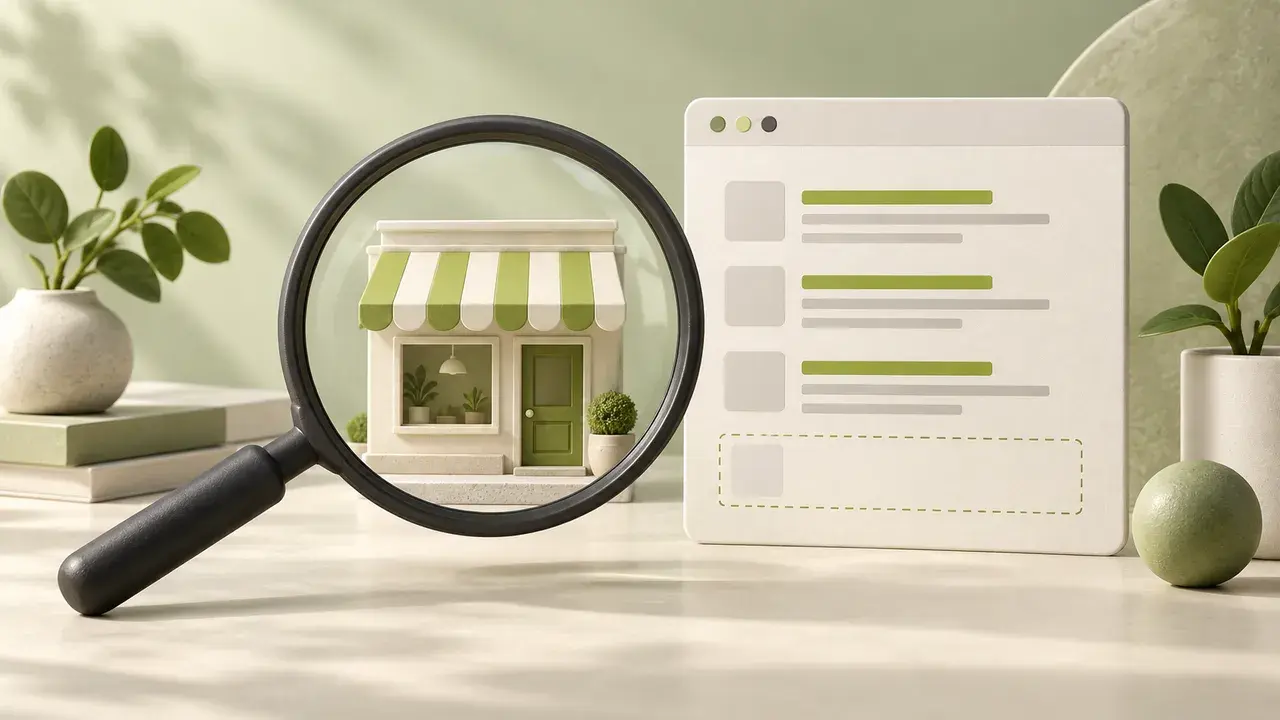 Editorial illustration of a magnifying glass examining a small shop beside search results