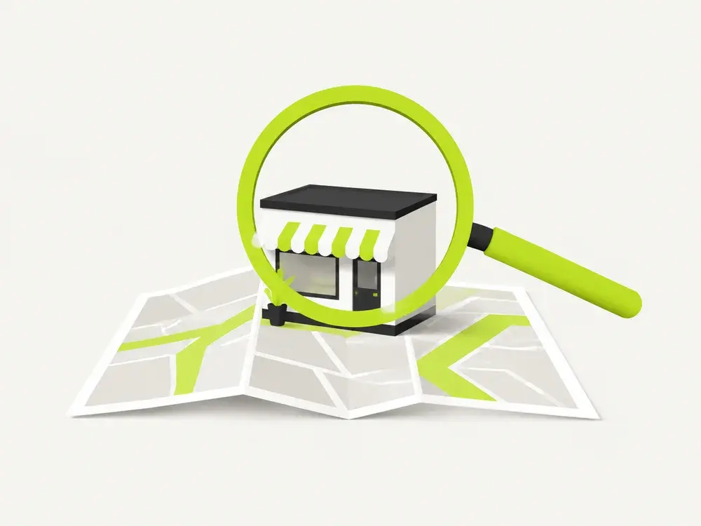 Editorial artwork of a local business on a neighbourhood map