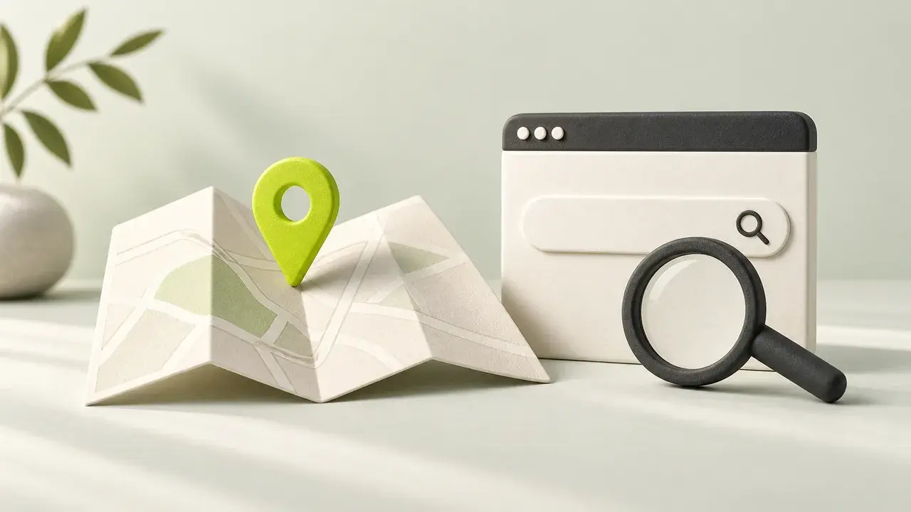 Editorial illustration of a location pin, folded map and website search window