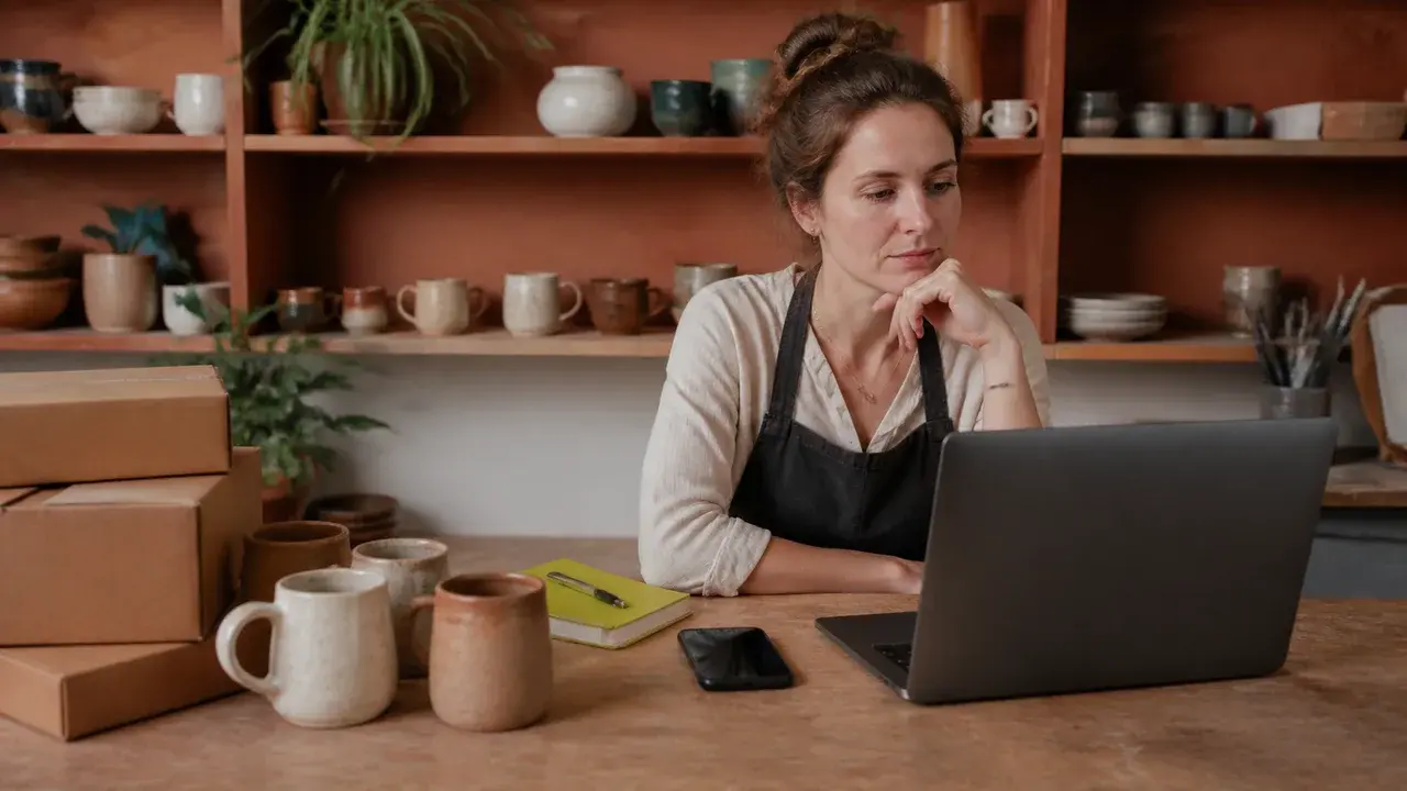 A ceramic maker considering orders at a laptop in a pottery studio