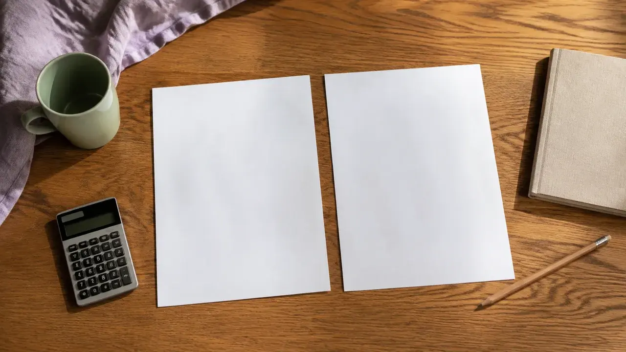 Two proposal sheets, a calculator and a notebook on a wooden desk
