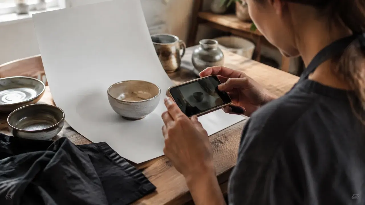 A maker photographing a ceramic bowl beside a window using a plain backdrop