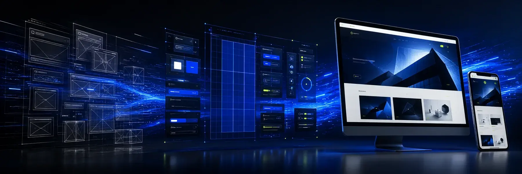 A website progressing from wireframes through design to a finished responsive build