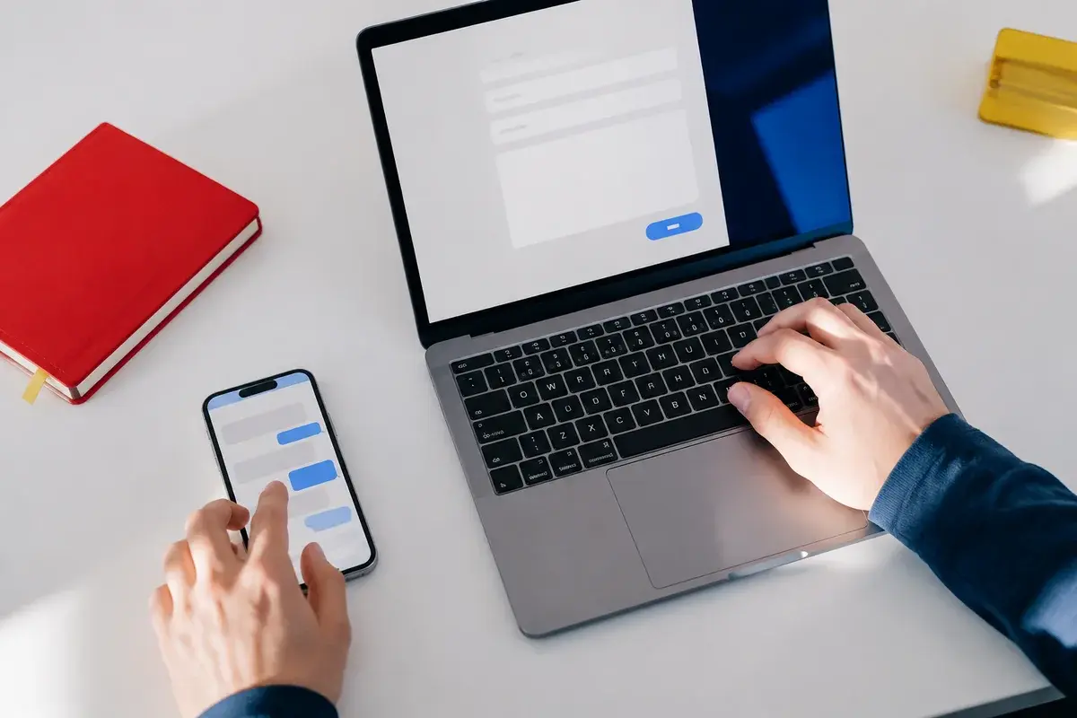 A project enquiry being written on a laptop beside a phone conversation