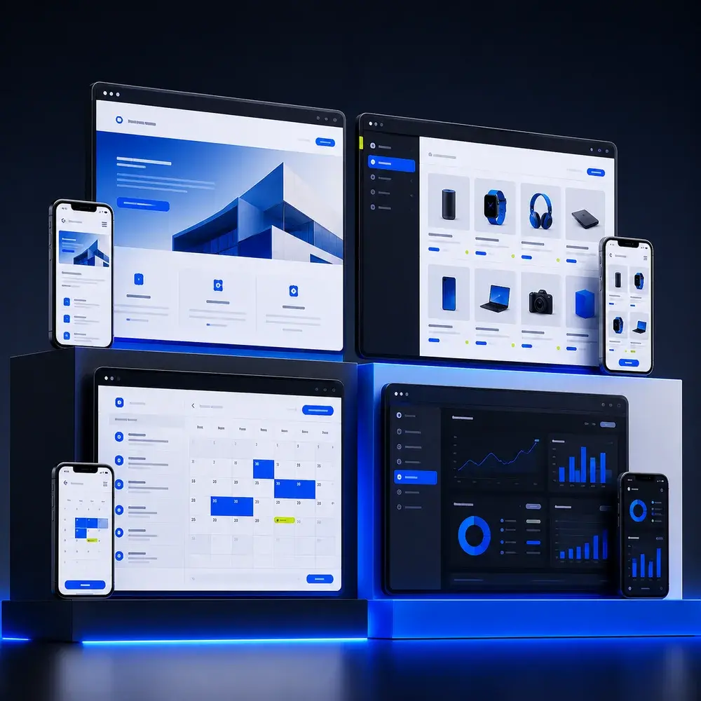A collection of business website, online shop, booking and dashboard interfaces
